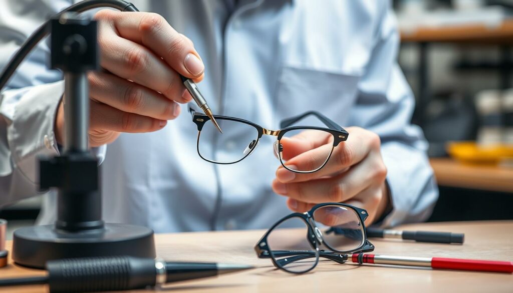 Optician fitting prescription lenses into audio glasses frames