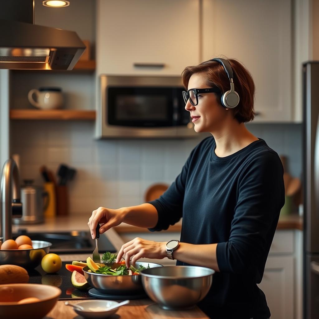 Person wearing audio glasses while cooking in the kitchen