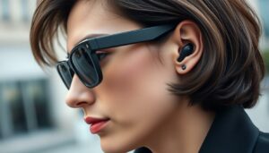 Person wearing stylish eyewear with built-in audio features while walking outdoors