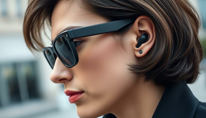 Person wearing stylish eyewear with built-in audio features while walking outdoors