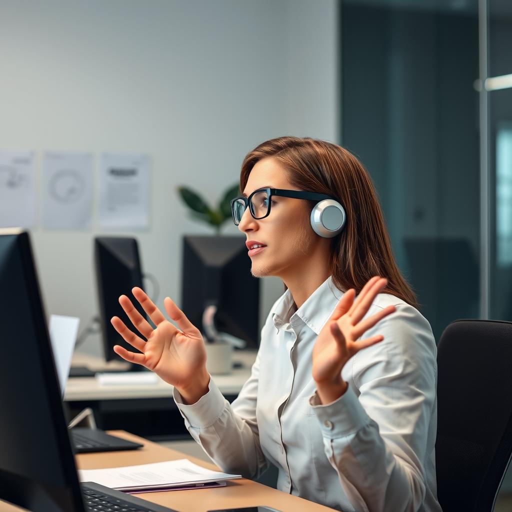 Professional taking a call using audio glasses in an office setting