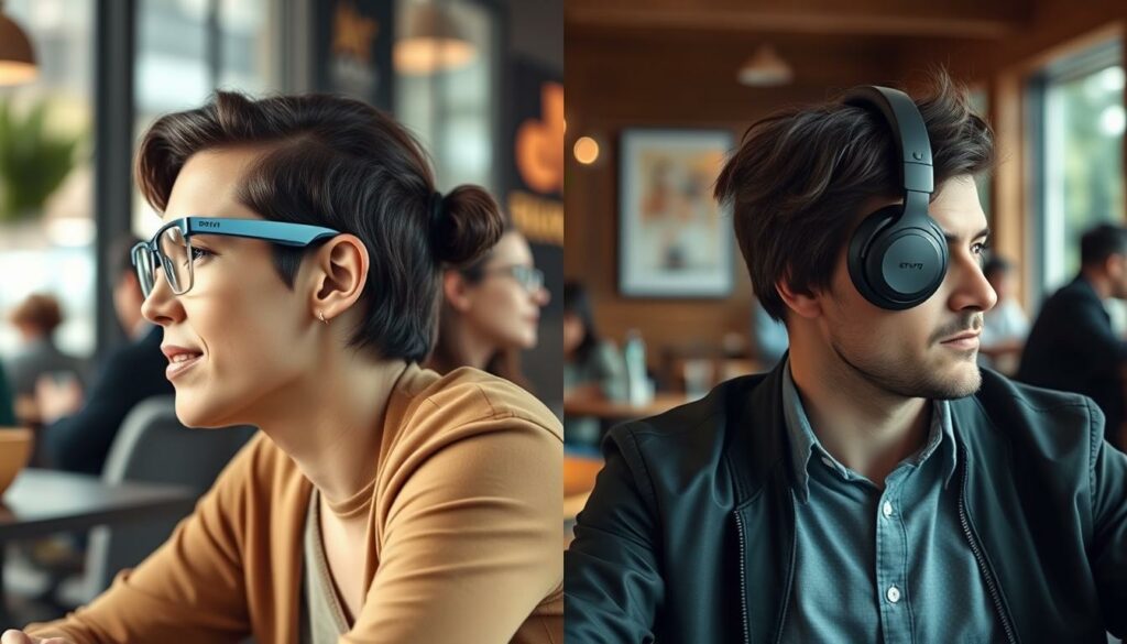 Side-by-side comparison of person wearing audio glasses versus traditional headphones