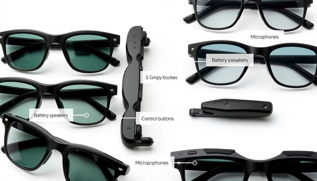 Various models of eyewear with built-in audio features displayed with key feature callouts